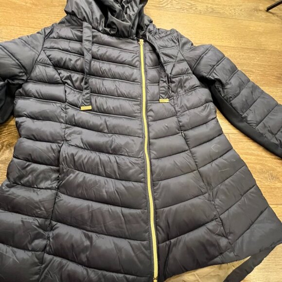 Laundry by Shelli Segal Asymettrical Packable Puffer Jacket Navy/Gold Sz L - Picture 4 of 14